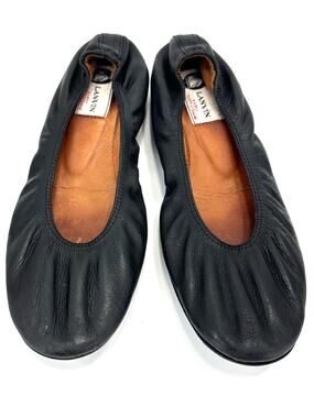 LANVIN Flat Shoes Sz 6.5 Black Leather Low Hidden Wedge Flexible Comfort Classic